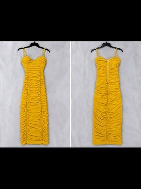 Fashion Nova Mustard Yellow Ruched Midi Dress with Spaghetti Straps